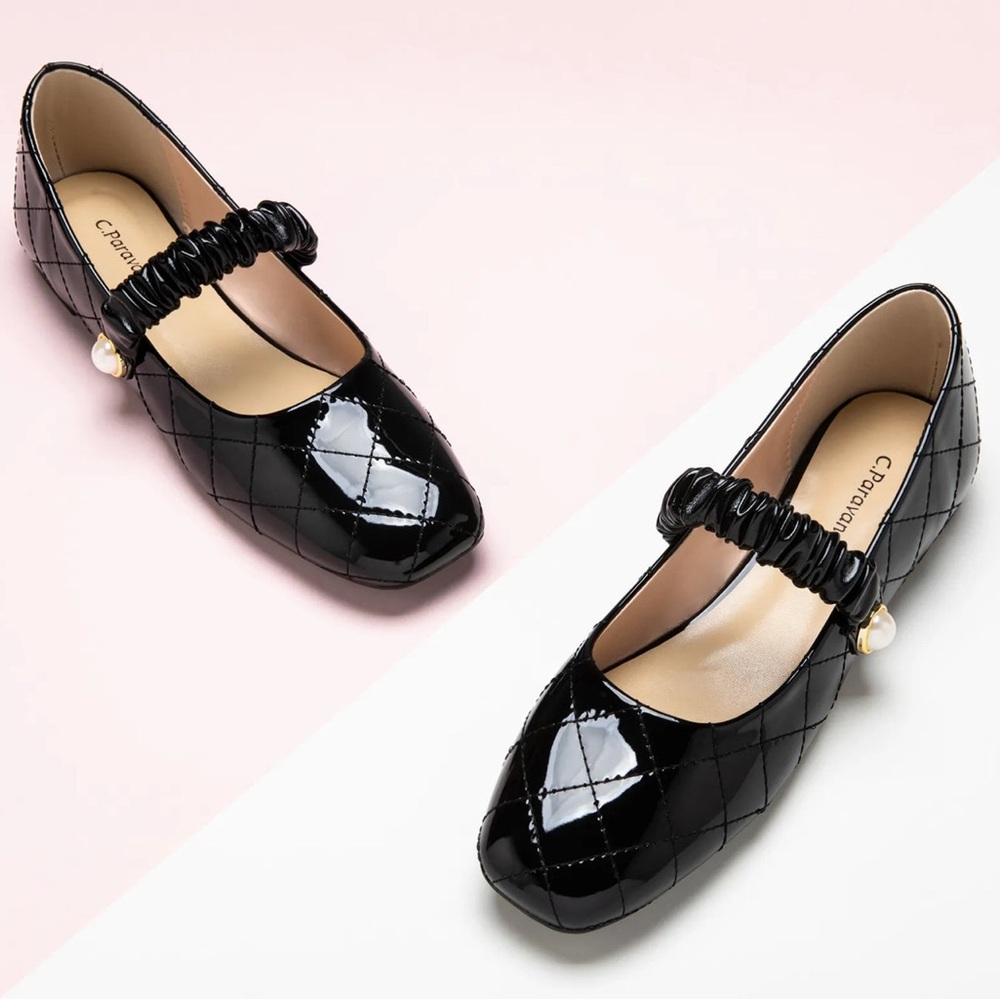 NIB Women’s C. Paravano $128 MSRP Black Patent Quilted Ballet Flats Size 7.5